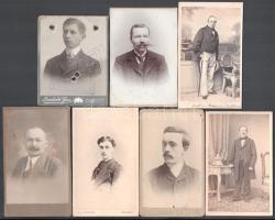 cca 1870-1910 Férfiportrék, 7 db vizitkártya klf. magyar és külföldi műtermekből, változó állapotban, 8,5x6 cm és 10,5x6,5 cm között