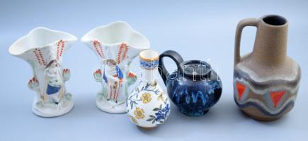 5 darabos porcelán és kerámia szett, sérüléssel, közte ép német iparművész váza, h: 19,5 cm alatt