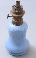 cca 19. sz, Petróleumlámpa, kék opalinüveg, zománcfestett, m: 22 cm