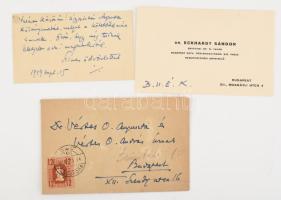 1949 Eckhardt Sándor (1890-1969) irodalomtörténész, nyelvész, egyetemi tanár, nemzetgyűlési képviselő névjegykártyái, az egyiken autográf soraival, de aláírása nélkül, eredeti borítékkal. Vértes O. András (1911-1997) nyelvész, és testvére Vértes O. Auguszta (1914-2007) részére.