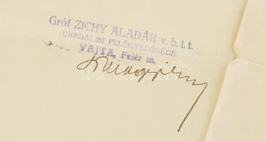 1937 Gróf Zichy Aladárné autográf aláírásai két gr Zichy Aladár, Vajtai uradalmi fejléces levélpapíí...