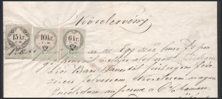 1855 Kötelezvény 15+10+6 kr CM illetékbélyegekkel