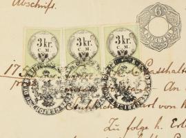 1858 Német nylevű kötelezvény 3x3 kr CM illetékbélyegekkel és 6 kr szignettával