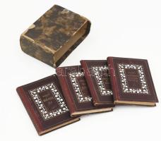 Táltos Könyvek, 4 könyv sérült kiadói tokban: Honoré de Balzac: Cadignan hercegné titkai. Ford.: Esty Jánosné.; Goethe: A gyermek és az oroszlán. Ford.: Nagy Péter. A borító és az illusztrácók Jaschikné Müller Mária munkái.; P. Ábrahám Ernő: Bús király. Legendák dédapámról.; N. V. Gogoly: Májusi éj, vagy vízbefult leány. Ford.: Trócsányi Zoltán.; Bp., 1922-1923, Táltos, 147 p.;77+1 p.; 170+1 p. 175 p. Kiadói szecessziós aranyozott, festett egészvászon-kötések, sérült kiadói kartontokban, kopott borítókkal.