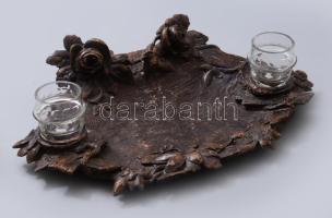 cca 18560-1880 Faragott kalamáris, 2 kristály betéttel, 35x23 cm