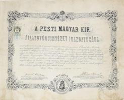1872 Pesti Magyar Kir. Állatgyógyintézet díszes állatorvosi diplomája, pápai születésű Ulreich Mihály részére, pergamenen, aláírásokkal, 1 ft. okmánybélyeggel, foltos, hajtott.
