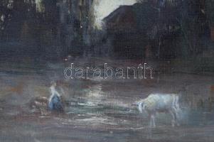 Szőnyi jelzéssel: Hajnali itatás. Olaj, vászon jelzett, keretben 40x50 cm
