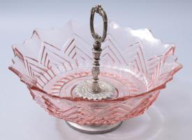 Anyagában színezett art deco üvegkínáló, díszes fém szerelékben, d: 28 cm, m: 21 cm