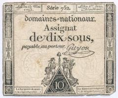 Franciaország 1793. 10s "Assignata" vízjellel és szárazpecséttel T:F,VG beszakadások France 1793. 10 Sous "Assignat" with watermark and embossed stamp C:F,VG tears