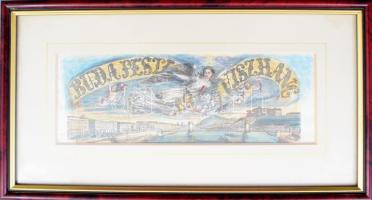 Budapesti Viszhang színezett fametszet újságfejléc üvegezett keretben 25x8 cm 24x18 cm