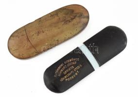 2 db régi szemüvegtok, egyik Pozsony Schwartz bőrborítással, másik fa, kissé sérült