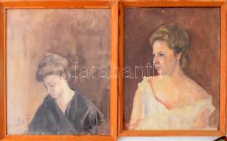 M. Gy. 2 db női portré. Akvarell, papír, jelzett, 1904. Üvegezett keretben . 25x21 cm