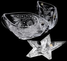 Kiss Péter 3 darab csiszolt ólomkristály tárgy, váza, kínáló, címkével jelzett, h: 31 cm