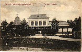 1913 Bikszádfürdő, Baile Bicsad, Bixad; nagy vendéglő, étterem. Divald Károly fia (Eperjes) kiadása / restaurant (tűnyomok / pinmarks)