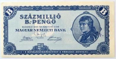 1946. 100.000.000BP T:AU sarokhajlások, tintaceruzás(?) firka Hungary 1946. 100.000.000 B-Pengő C:AU corner folds, inkpencil(?) doodle Adamo P39, Krause P#136