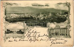 1900 Székelyudvarhely, Odorheiu Secuiesc; látkép, állami főreáliskola, Vármegyeháza. Gyertyánffy Gábor kiadása / general view, school, county hall. Art Nouveau, floral (EB)