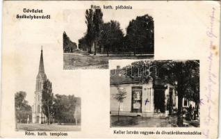 1915 Székelykeve, Skorenovac; Római katolikus templom és plébánia, Keller István üzlete / Catholic church and parish, shop (EK)