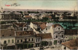 1913 Lugos, Lugoj; látkép, piac, üzletek. Sziklai Lajos kiadása / general view, market, shops (ragasztónyom / glue marks)