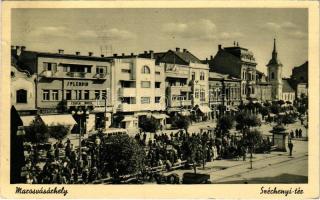 1942 Marosvásárhely, Targu Mures; Széchenyi tér, Splendid szálloda, drogéria, Kertész Rezső, Révész üzlete, piac, autóbusz / square, hotel, drugstore, shops, market, autobus (EK)