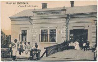 Dornesti, Hadikfalva (Bukovina, Bucovina, Bukowina); Gasthof Lukasiewicz / Lukasiewicz vendéglője, Mauthner magvak reklám / inn, restaurant of Lukasiewicz. Verlag v. Leon König (Czernowitz) (b)
