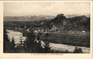 Csorsztin, Csorsztyn, Czorsztyn (mai Lengyelország, Pieninek a szlovák-lengyel határon); Czorsztyni szirtsor a Lubien-hegyháttal. Divald Károly fia kiadása / castle ruins, mountain range (vágott / cut)