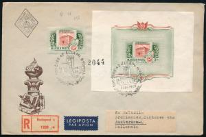 1955 Állami Nyomda bélyeg és blokk ajánlott légi FDC-n Amszterdamba