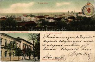 1907 Léva, Levice; látkép, kegyesrendi főgimnázium, címer. Dukesz Lipót kiadása / general view, grammar school, coat of arms (r)