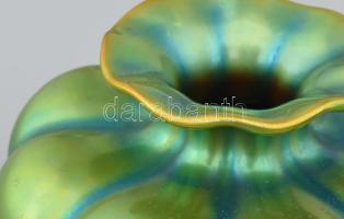 Zsolnay eozin mázas paradicsomvirág váza, pereménél repedéssel, jelzett, d: 11,5 cm