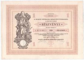 Makó 1929. "Makói Népbank Részvénytársaság" részvénye 50P-ről, szelvényekkel, szárazpecsét...