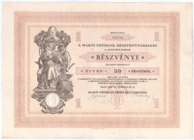 Makó 1929. "Makói Népbank Részvénytársaság" részvénye 50P-ről, szelvényekkel, szárazpecsét...