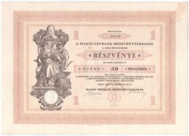 Makó 1929. "Makói Népbank Részvénytársaság" részvénye 50P-ről, szelvényekkel, szárazpecsét...