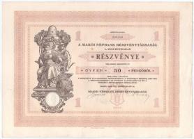 Makó 1929. "Makói Népbank Részvénytársaság" részvénye 50P-ről, szelvényekkel, szárazpecsét...