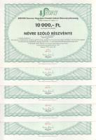 Budapest 1995. "SZEVIKI Szerves Vegyipari Kutató Intézet Részvénytársaság" névre szóló részvénye 10.000Ft-ról (5x) sorszámkövetők "003129-003133, szelvényekkel, bélyegzéssel T:AU