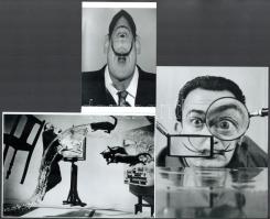 Salvador Dali (1904-1989) katalán - spanyol szürrealista festőművész, aki fényképezés közben gyakran önmagát rendezte, vagyis kitalálta előre a képet, s ehhez hívott fotós segítséget, eltérő időben készült felvételek, 3 db modern nagyítás, jelzés nélkül, 21x15 cm és 15x10 cm