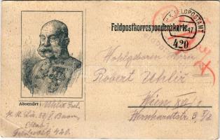 1917 Első világháborús tábori postai levelezőlap I. Ferenc József arcképével / WWI K.u.k. Austro-Hungarian military field postcard with Franz Joseph of Austria. Feldpostkarte (EB)