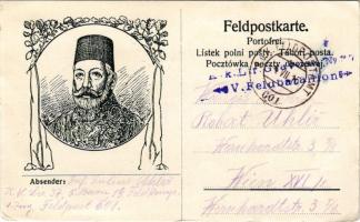 1916 Első világháborús tábori postai levelezőlap V. Mehmed oszmán szultán arcképével / WWI K.u.k. Austro-Hungarian military field postcard with Mehmed V. Feldpostkarte + "K. k. Lir. Gravosa Nr. 37. V. Feldbattaillon" (EK)