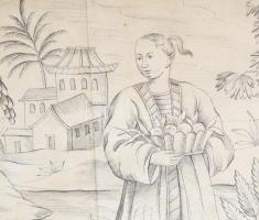 Kínai fametszet XIX. sz. üvegezett keretben 28x40 cm