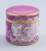 Hollóházi Szász Endre által tervezett mintával díszített tégely, matricás, hibátlan, jelzett, 5,5x6 cm