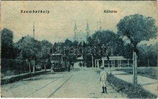 1924 Szombathely, Kálvária, templom, villamos. F.H.Sz. Dohánytőzsde kiadása (EB)