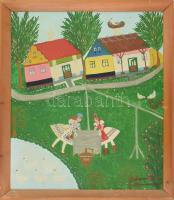 Gubányi Imréné: Naiv falusi jelenet. Olaj, farost, jelzett. 38x34 cm Keretben