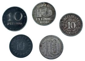 Német Birodalom 1917-1920. 5xklf városi fém 10pf szükségpénz tétel, közte 1917. Neu-ulm, 1918. Meuselwitz, stb. T:XF-VF German Empire 1917-1920. 5xdiff metal 10 Pfennigs necessity money / notgeld lot, including 1917. Neu-ulm, 1918. Meuselwitz, etc. C:XF-VF