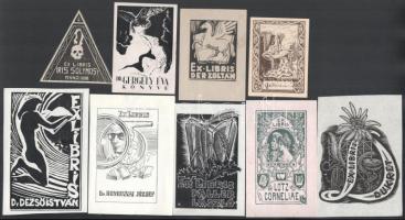 9 db vegyes ex libris, klisé, papír, jelzettek a klisén, 8x6 cm és 13x9 cm között