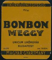 Bonbon meggy likőr címke, Unicum Likőrgyár Budapest, 9,5x8 cm