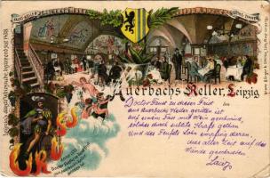 1901 Leipzig, Auerbach's Keller, Leipzig's älteste Weinstube, bestehend seit 1438. Faust-Keller, Goethe-Zimmer. Bruno Bürger &amp; Ottillie Lith.-Anst. Art Nouveau, floral, litho with coat of arms (EK)