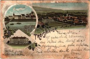 1898 (Vorläufer) Traismauer, Neue Schule / general view, the city in 1672, new school. Verlag Ignaz Schwab. Druck v. Louis Glaser Art Nouveau, floral, litho (hole)