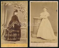 cca 1865 Hölgyek egész alakos portréi, 2 db keményhátú fotó, 10,5×6,5 cm
