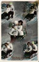 1913 Boldog újévet! / New Year greeting art postcard, winter sport, sledding (fl)