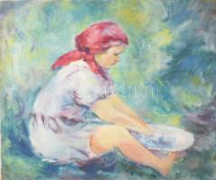 Jelzés nélkül: Mosakodó lány. Olaj, vászon, 50x30 cm