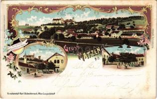 1900 Matzen, Matzen-Raggendorf; Gräfl. Kinsky'sches Schloss, Herrschaftl. Gasthaus, Partie / castle, inn, square. Kunstanstalt Karl Schwidernoch Art Nouveau, floral, litho (fa)