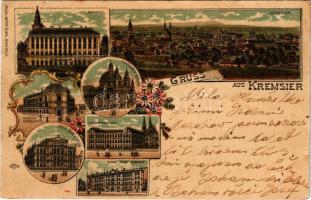 1904 Kromeríz, Kremsier; Schloss, Piaristen Kirche, Ober. Realschule, K. k. böhm. Gymnasium, Knabenseminar, Franz Josef Kaserne / castle, church, schools, K.u.K. military barracks. Verlag Anton Oliwa Art Nouveau, floral, litho (r)